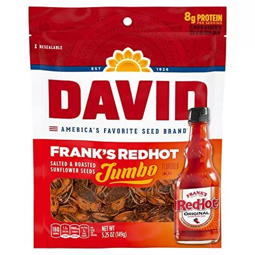 DAVID Frank's RedHot Flavored Salted & Roasted Jumbo Sunflower Seeds, 5.25 oz...