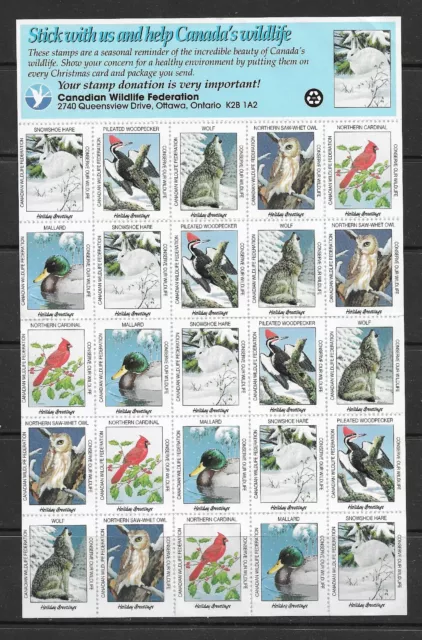 Canada Canadian Wildlife Federation Christmas Seals MNH Pane of 25