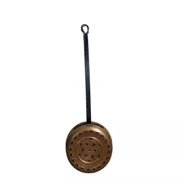 Antique Copper Bed Warmer Coal Pot Wrought Iron Handle Hand Hammered Punched