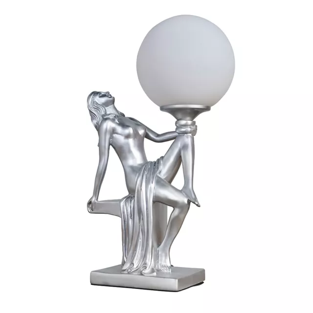 Art Deco Table Lamp 37.5CM Tall Woman Holding Frosted Glass Globe Light LED Bulb
