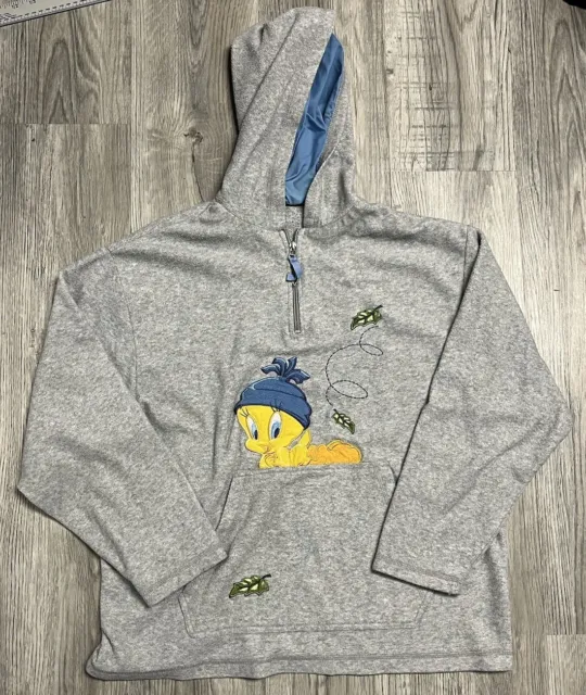 Vintage Tweety Bird Fleece Hoodie Sweatshirt Large Y2K Looney Tunes