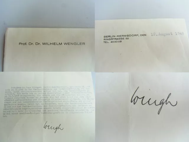 Rechtswissenschaftler Wilhelm Wengler (1907-1995): Zeugnis Berlin 1949, Signé