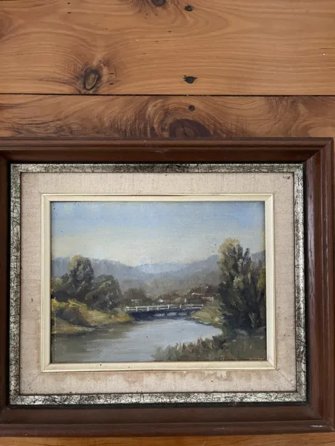 Vintage Framed Oil Painting Landscape Bridge Over River In Timber Frame