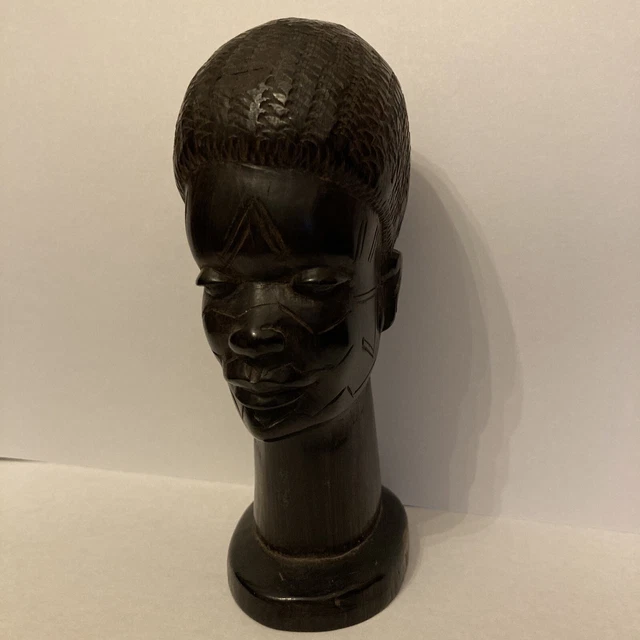 Vintage Ebony Wood Sculpture African Head Hand-Carved Tribal Statue 5”