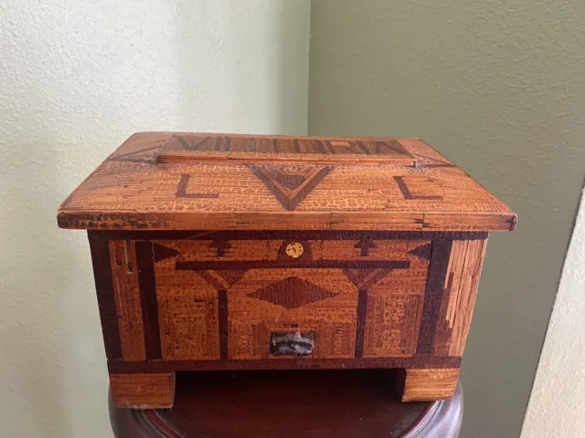 Antique Wood Folk Art Dresser Ditty Box With Shell Mirror Inside