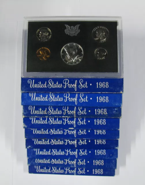 (10) 1968 S Silver Proof Sets Ogp Total Of 50 Proof Coins Kennedy Lincoln Jeff