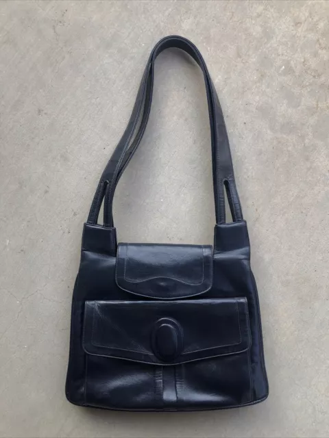 Vintage Lou Taylor Italian Leather Handbag Navy Blue/Black Mirror Shoulder Bag