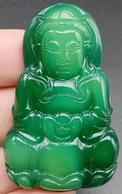 Certified Green Natural A Agate Chalcedony Carved GuanYin Kwan Yin God Pendant