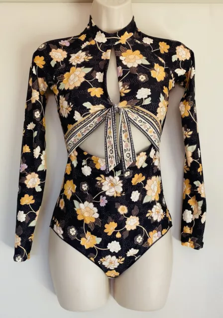 RIP CURL Marigold Gypsy Surf Suit One Piece Bikini Black Floral Womens Small NEW