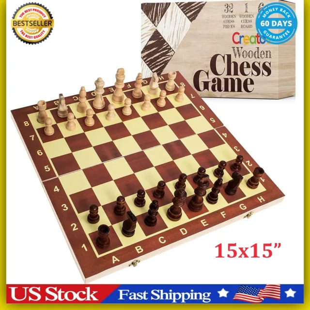 Wood Chess Set 15"X15" Wooden Folding Board Classic Chess Game Chessboard 32 Pcs