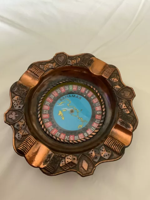 Copper Ashtray BAHAMAS w/ WORKING Roulette Wheel push button - nice