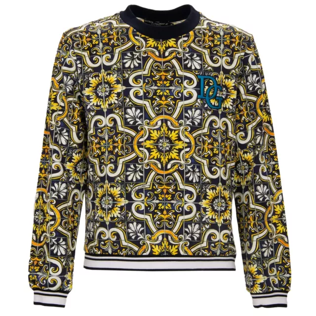 Dolce & Gabbana Majolica Jumper Sweatshirt with Logo Embroidery Blue Yellow