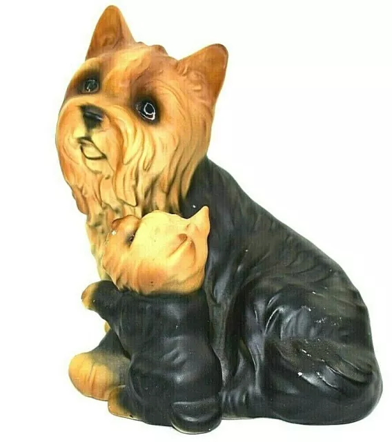 Vintage Yorkshire Terrier Porcelain Dog and Puppy Statue Figurine Yorkie