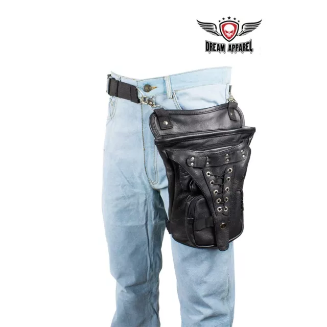 Black Naked Cowhide Leather Multi-Pocket Laced Thigh Bag with Gun Pocket