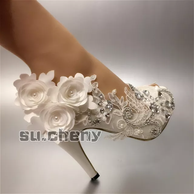 su.cheny Heels satin white ivory rhinestones peep toe lace Wedding Bridal shoes 2