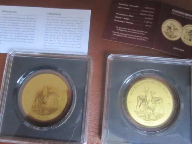 2 X Riesige Münzen Krügerrand Springbock-40 mm Boulion  1/200 Oz GOLD 999