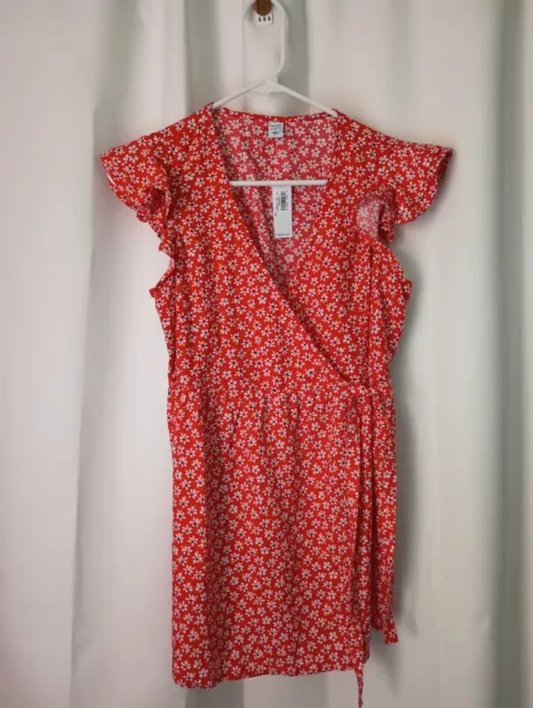 Old Navy Maternity Faux Wrap Top Small Linen Blend Red Floral Flutter Sleeve NWT