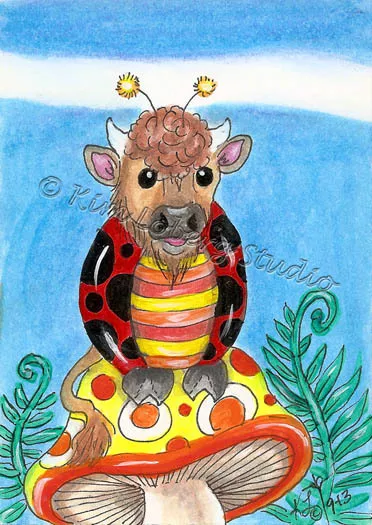 lady bug Buffalo aceo EBSQ Kim Loberg Mini art Fantasy insect Mushroom ferns