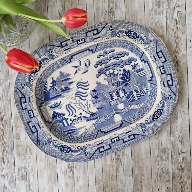 Antique Ironstone Large Serving Platter Plate Willow Pattern Blue & White