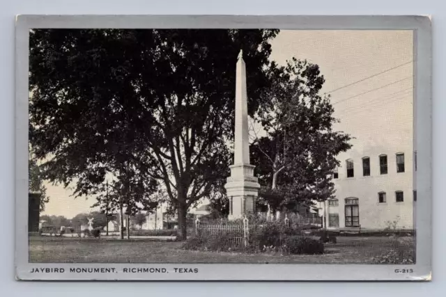 Jaybird Monument (Removed) RICHMOND Texas Vintage Postcard Fort Bend County ~50s