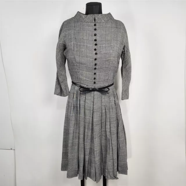 Vintage 1950s L'aiglon Black & White Houndstooth Plaid Dress - 22" Waist