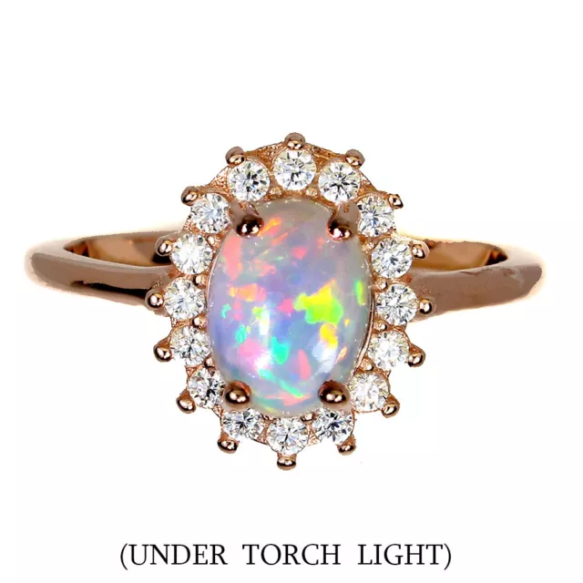 Unheated Oval Fire Opal Racinbow 8x6mm Simulated Cz 925 Sterling Silver Ring 7