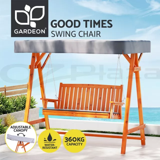 Gardeon Outdoor Wooden Swing Chair Garden Bench Canopy Cushion 3 Seater Teak