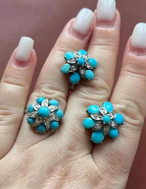 Vintage Women Set Earrings & Ring Sterling Silver 925 Natural Turquoise Handmade