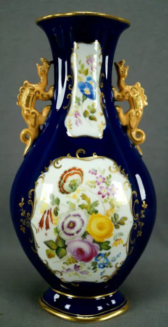 Minton Hand Painted Floral Gold & Cobalt Chinese Form Dragon Handle Vase C. 1820