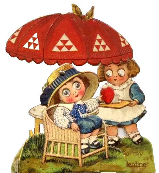 Vintage Valentine Card Mechanical Googly Eye Girls Picnic Umbrella Be Mine 1927