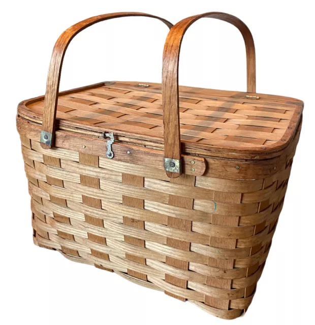 Vtg Picnic Basket Woven Wicker Rattan Handles W. Rindge Baskets Inc. NH. 13x13x8