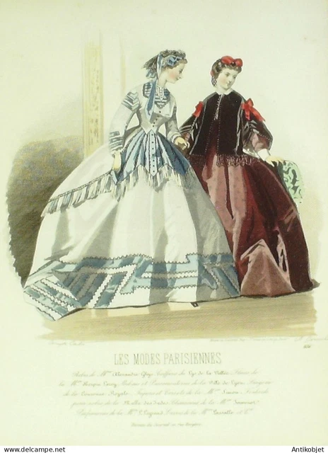 Gravure Modes parisiennes 1864 n°1136 Robes d'intérieur en perkale