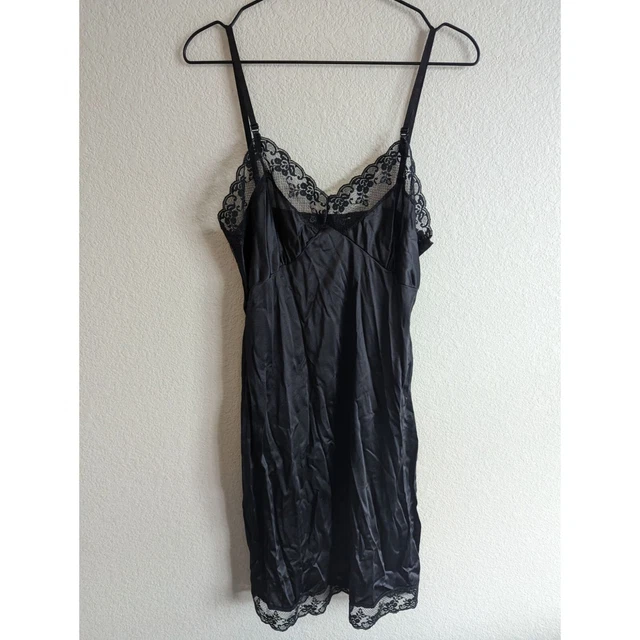 Vintage 1990s Womens Sz M Black Satin Nightgown Nightie Lace Trim