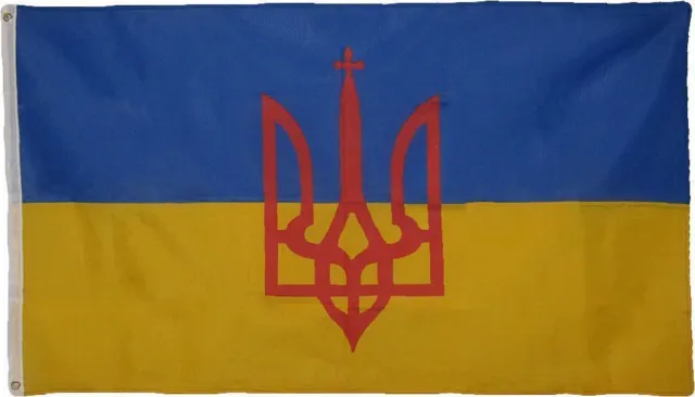 Flag of Ukraine with Trident 5x3 ft Tryzub Ukrainian Coat of Arms Banner Kiev R