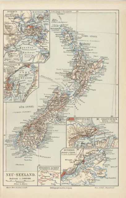 Neuseeland Insel Australien Landkarte von 1902 Original Format 16x24cm + Text M6