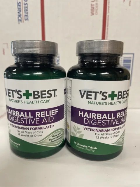 Lot of 2 Vets Best Hairball Relief Digestive Aid 60 Chewable Tablets BB 01/25