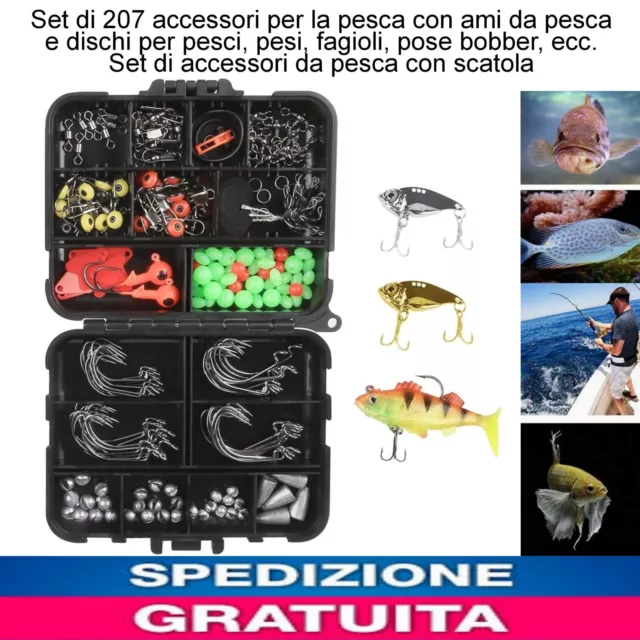 Set di 207 accessori per la pesca con ami,dischi per pesci, pesi fagioli ecc