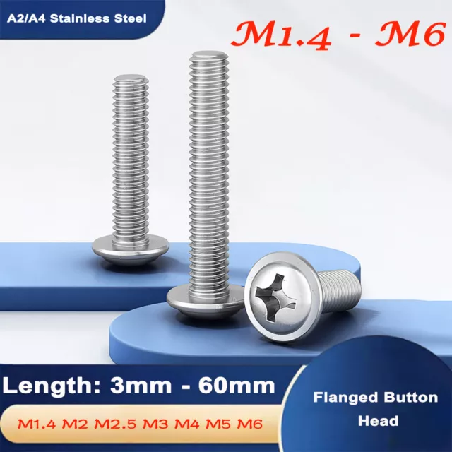 M1.4-M6 Pozi Flanged Button Head Bolts Phillips Machine Screw A2 / A4 Stainless