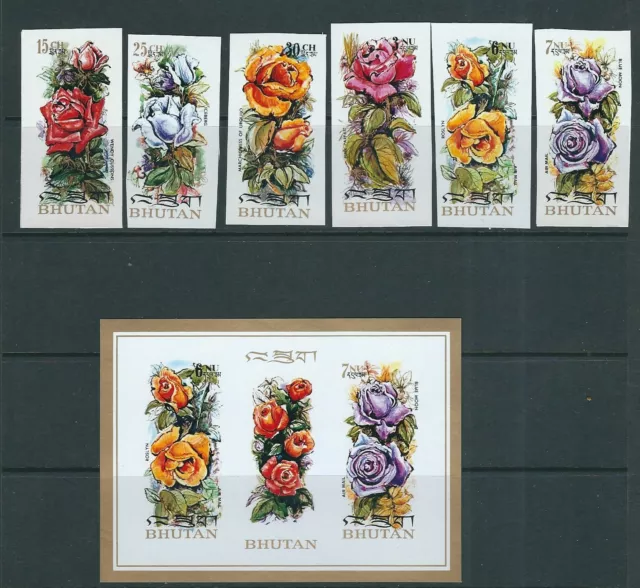 Bhutan 1973 Blumen Rosen Imperf Set Und Souvenir Blatt (Sc 150-150ef) MNH