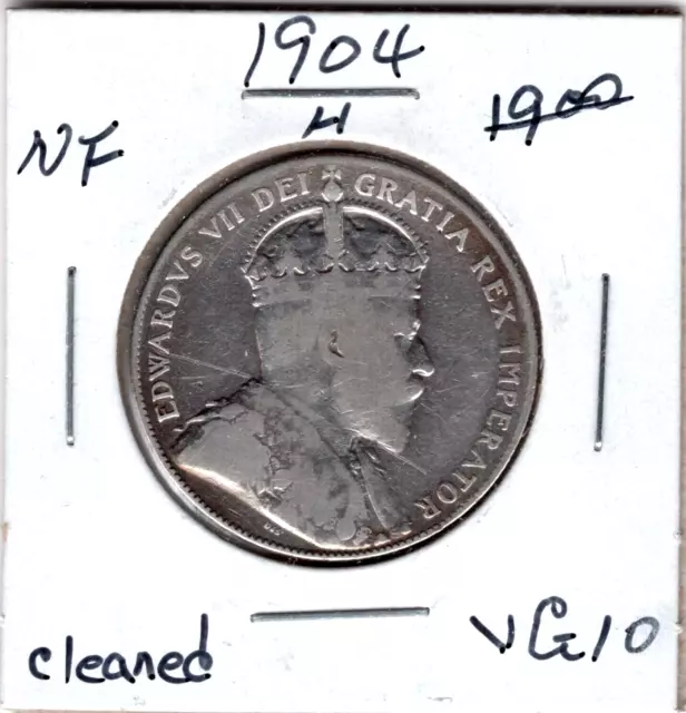 1904 -H Newfoundland 50 Cents Silver Coin - VG/Fine (Cleaned)