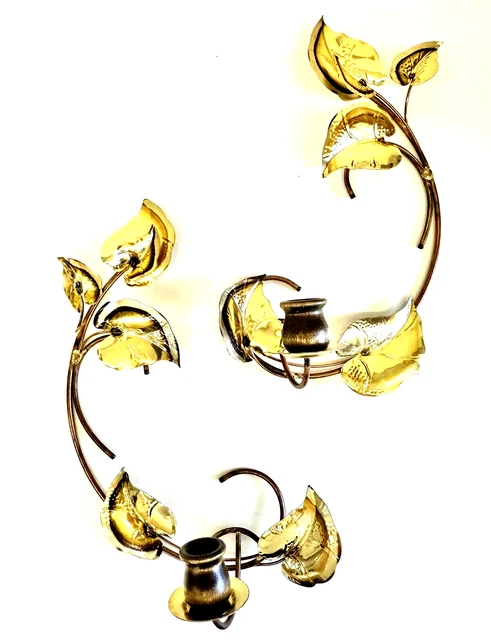 Vintage Brutalist Wall Sconce Candle Holder Brass Leaf Copper 14.5” Set of 2