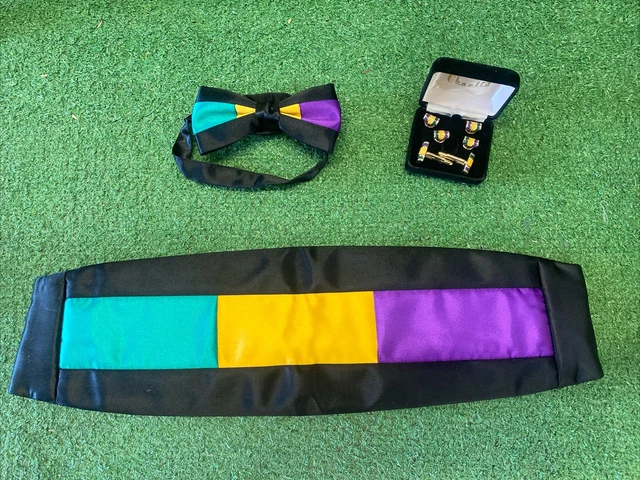 Mardi Gras Men's Cummerbund Matching Bow Tie Cuff Links Shirt Studs