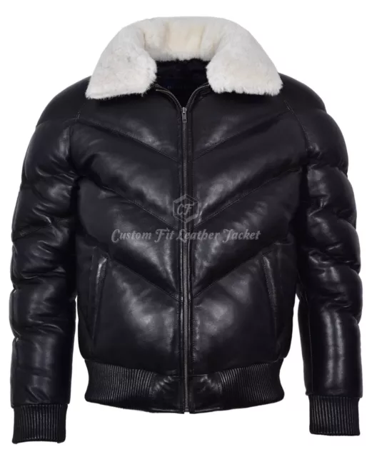 Men's Puffer Leather Jacket White Sheep Fur Collar Winter Warm Classic Style ACE