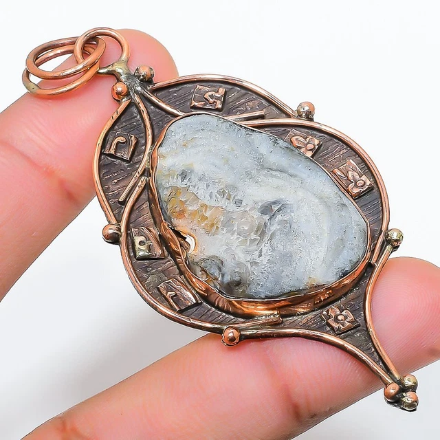 Desert Rose Druzy Gemstone Handmade Ethnic Copper Jewelry Pendant 3.07"