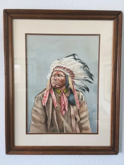 Original Watercolor Portrait Painting of Native American Indian Chief Two Moon
