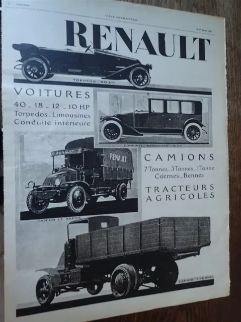 RENAULT voiture camion tracteur+ VIEILLE CURE publicité papier ILLUSTRATION 1920
