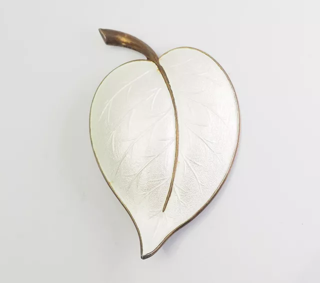 Large leaf vintage sterling silver white enamel brooch pin Aksel Holmsen Norway