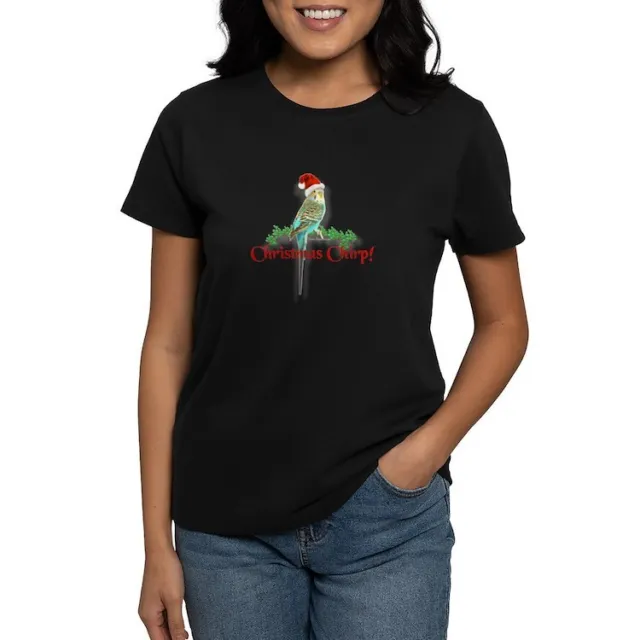CafePress Christmas Budgie Women's Dark T Shirt Womens T-Shirt (469672636)