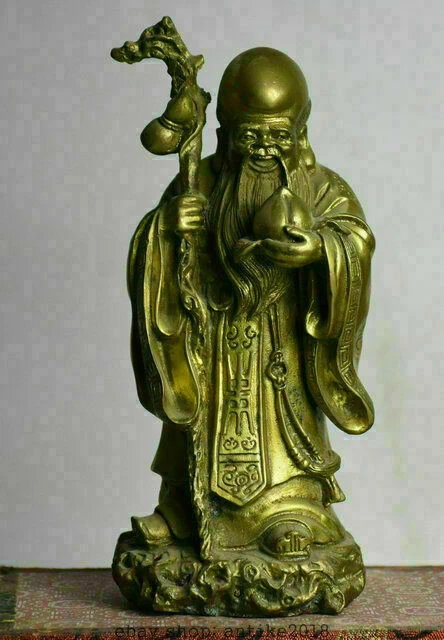7.8" Old Chinese Copper Brass Folk Longevity God Shouxing Peach crutch Statue