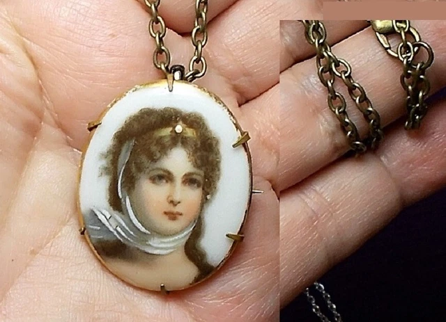 Early 1900s Large Porcelain Hand Painted Victorian Cameo Brooch Adapter Necklace